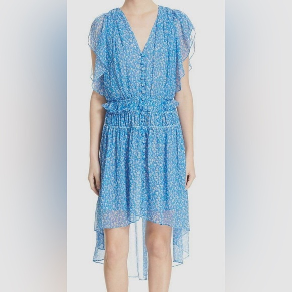$360 The Kooples Women Blue V-Neck Ruffle Ruched Floral Flowy Silk Dress Size XS - Picture 1 of 8